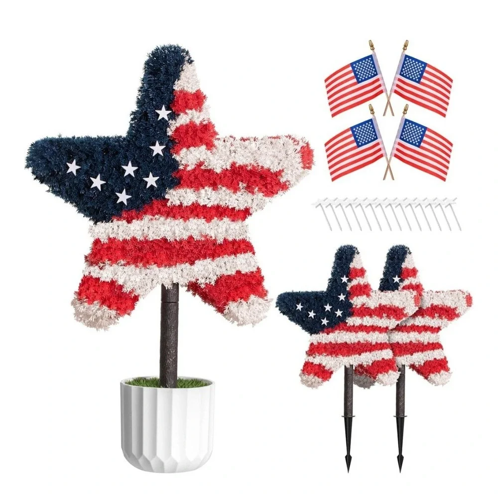 2 Pack Star Topiary Trees for 4th of July Decoration, Artificial Star Trees